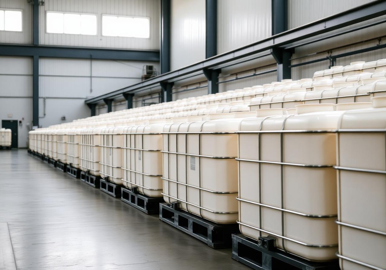 Lager mit IBC-Behältern in einer Industriehalle